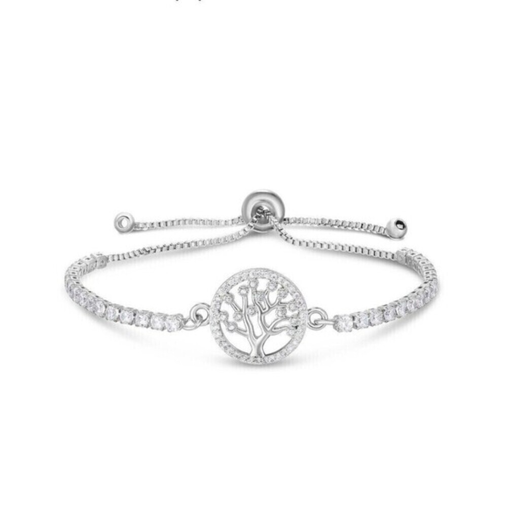 Cubic Zirconia Tree Of Life Adjustable Bolo Bracelet in Fine‎ Silver Plate $75